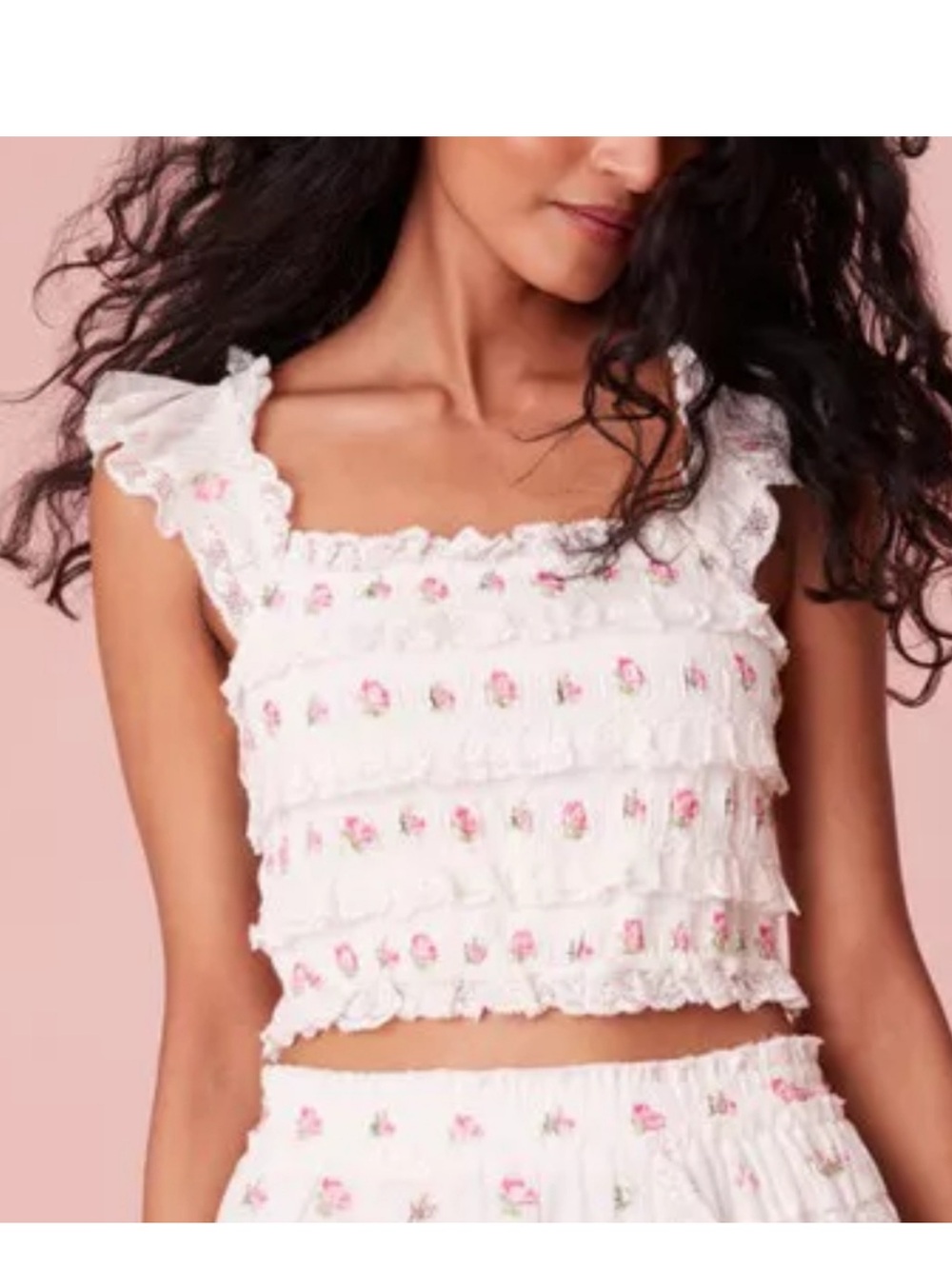 LoveShackFancy Cream Smocked Crop Top with Pink Floral Embroidery